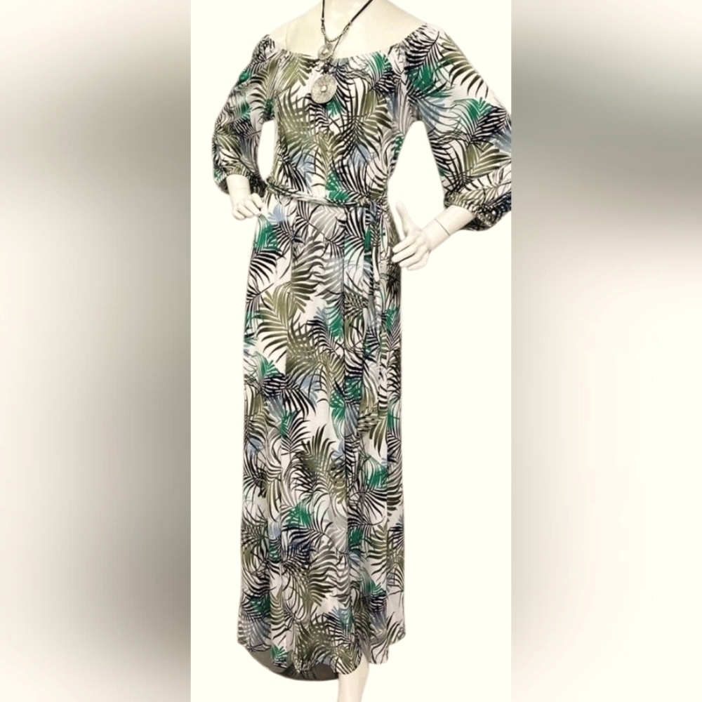 Triple Seven Tropical Palm Print 3/4 Sleeve Maxi Dress Green And Blue Size L